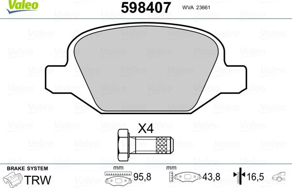 Valeo 598407 - Тормозные колодки, дисковые, комплект autosila-amz.com