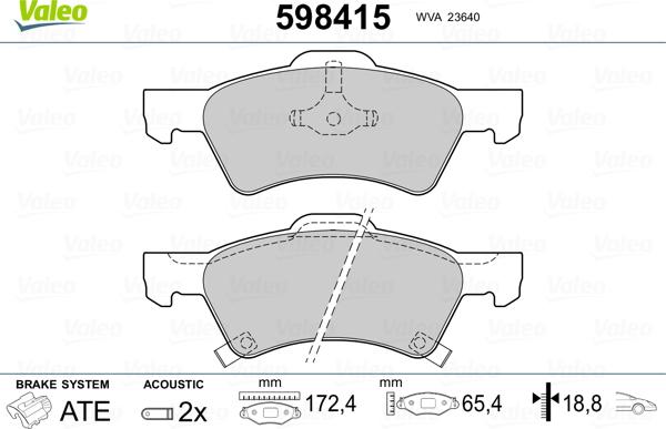 Valeo 598415 - Тормозные колодки, дисковые, комплект autosila-amz.com