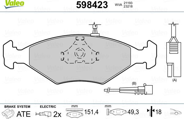 Valeo 598423 - Комплект тормозных колодок, дисковый тормоз autosila-amz.com