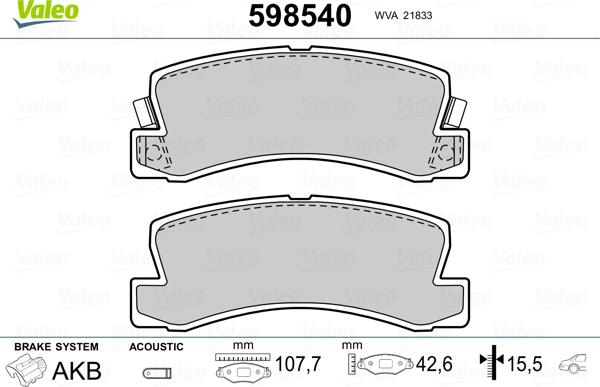 Valeo 598540 - Тормозные колодки, дисковые, комплект autosila-amz.com