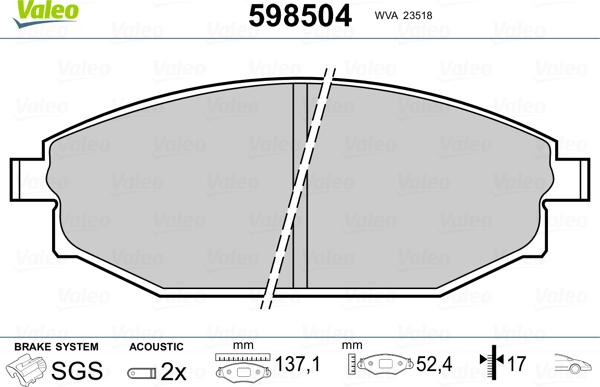 Valeo 598504 - Тормозные колодки, дисковые, комплект autosila-amz.com