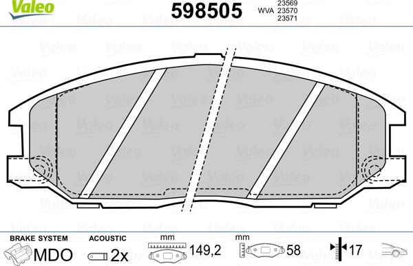 Valeo 598505 - Тормозные колодки, дисковые, комплект autosila-amz.com