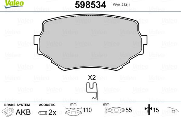 Valeo 598534 - Тормозные колодки, дисковые, комплект autosila-amz.com