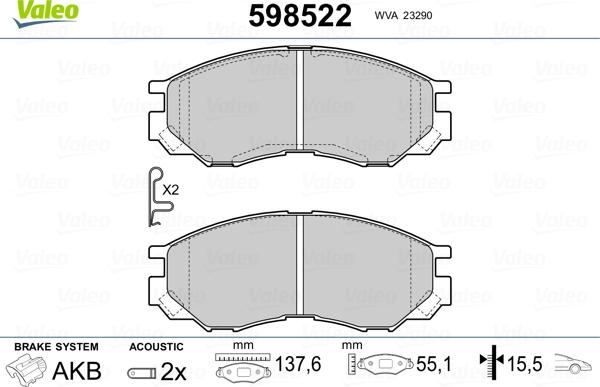 Valeo 598522 - Тормозные колодки, дисковые, комплект autosila-amz.com