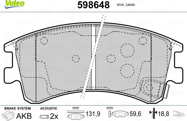 Valeo 598648 - Тормозные колодки, дисковые, комплект autosila-amz.com