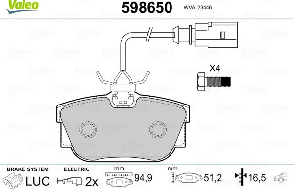 Valeo 598650 - Тормозные колодки, дисковые, комплект autosila-amz.com