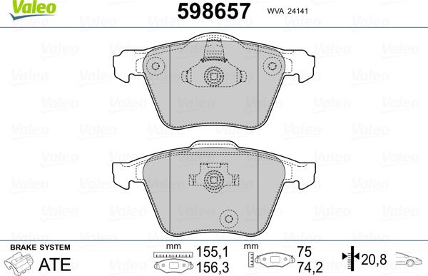 Valeo 598657 - Тормозные колодки, дисковые, комплект autosila-amz.com