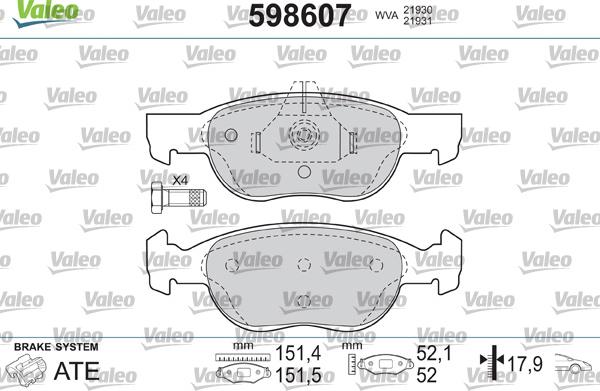 Valeo 598607 - Тормозные колодки, дисковые, комплект autosila-amz.com