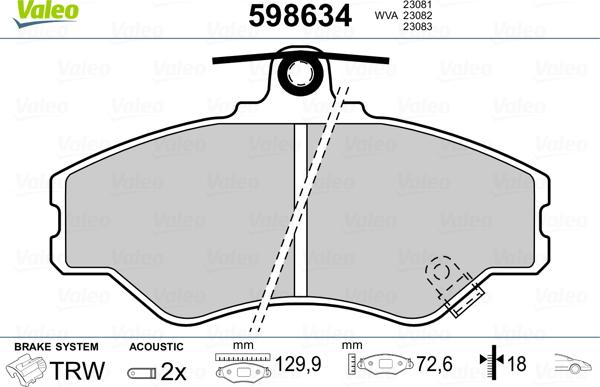 Valeo 598634 - Тормозные колодки, дисковые, комплект autosila-amz.com