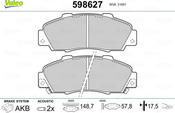 Valeo 598627 - Тормозные колодки, дисковые, комплект autosila-amz.com