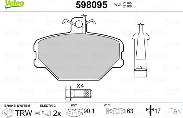 Valeo 598095 - Тормозные колодки, дисковые, комплект autosila-amz.com