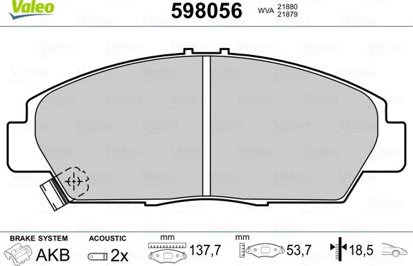 Valeo 598056 - Тормозные колодки, дисковые, комплект autosila-amz.com