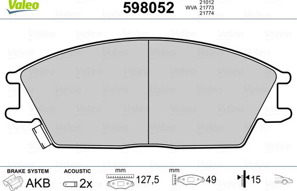 Valeo 598052 - Тормозные колодки, дисковые, комплект autosila-amz.com