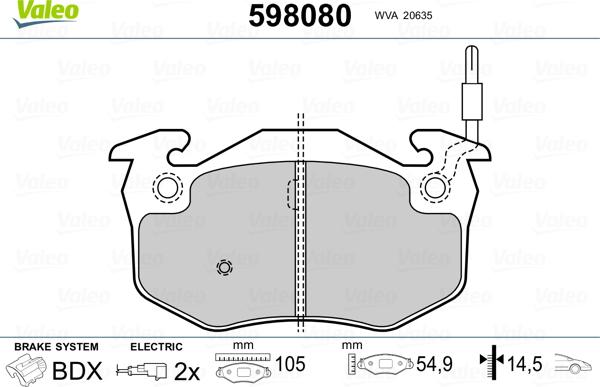 Valeo 598080 - Тормозные колодки, дисковые, комплект autosila-amz.com