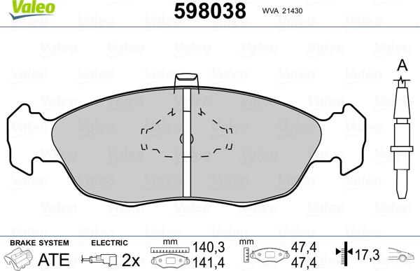 Valeo 598038 - Тормозные колодки, дисковые, комплект autosila-amz.com