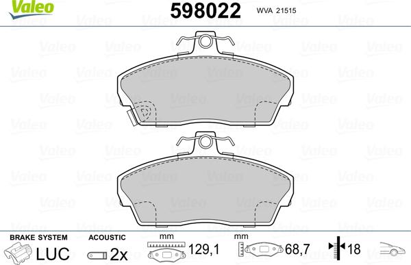 Valeo 598022 - Тормозные колодки, дисковые, комплект autosila-amz.com