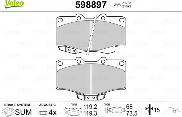 Valeo 598897 - Тормозные колодки, дисковые, комплект autosila-amz.com