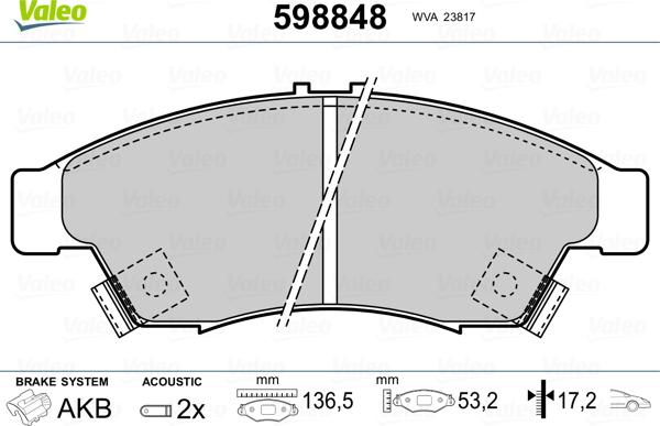 Valeo 598848 - VL598848 колодки дисковые передние!\ Suzuki Liana 1.3/1.6i/1.6 &4WD/1.4DDiS 01> autosila-amz.com