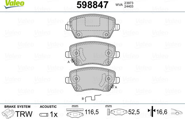 Valeo 598847 - Тормозные колодки, дисковые, комплект autosila-amz.com