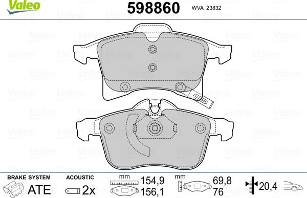 Valeo 598860 - Тормозные колодки, дисковые, комплект autosila-amz.com