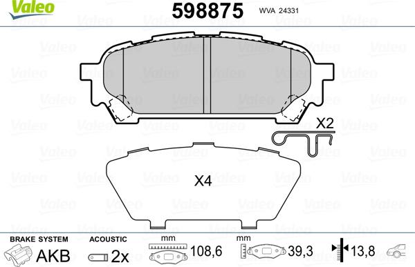 Valeo 598875 - Тормозные колодки, дисковые, комплект autosila-amz.com