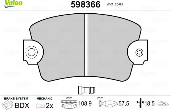 Valeo 598366 - Тормозные колодки, дисковые, комплект autosila-amz.com