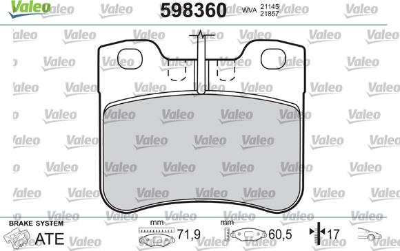 Valeo 598360 - Тормозные колодки, дисковые, комплект autosila-amz.com