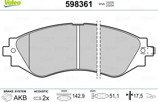 Valeo 598361 - Тормозные колодки, дисковые, комплект autosila-amz.com