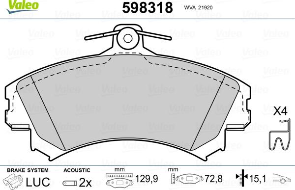 Valeo 598318 - Тормозные колодки, дисковые, комплект autosila-amz.com