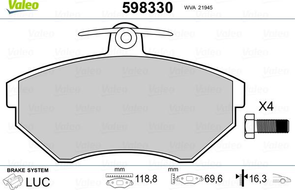 Valeo 598330 - Тормозные колодки, дисковые, комплект autosila-amz.com