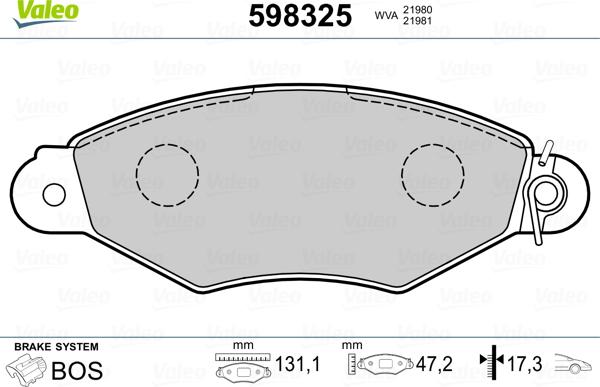 Valeo 598325 - Тормозные колодки, дисковые, комплект autosila-amz.com