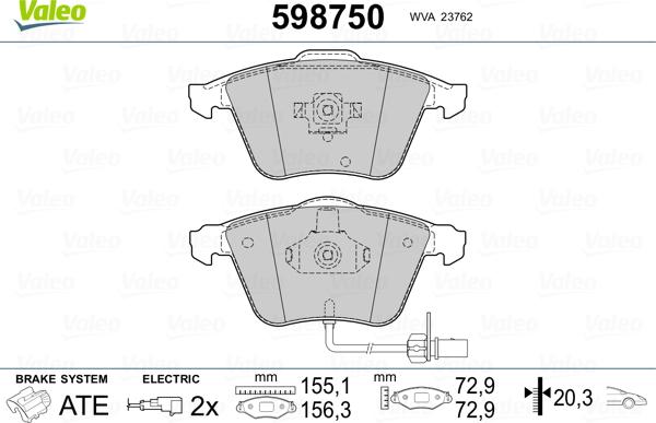 Valeo 598750 - Тормозные колодки, дисковые, комплект autosila-amz.com