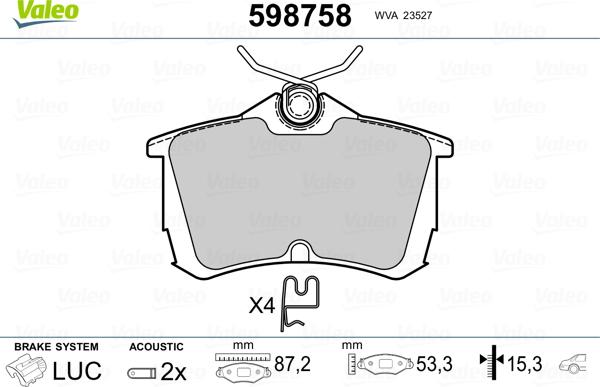 Valeo 598758 - Тормозные колодки, дисковые, комплект autosila-amz.com