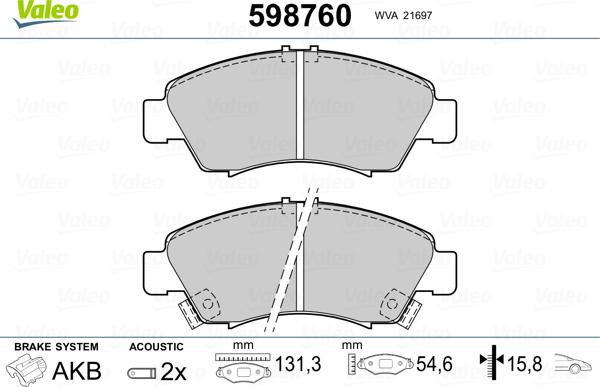 Valeo 598760 - Тормозные колодки, дисковые, комплект autosila-amz.com