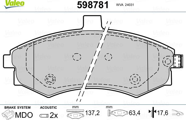 Valeo 598781 - Тормозные колодки, дисковые, комплект autosila-amz.com