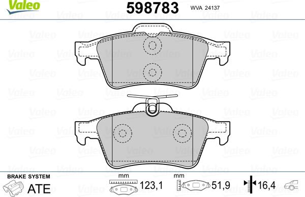 Valeo 598783 - Тормозные колодки, дисковые, комплект autosila-amz.com