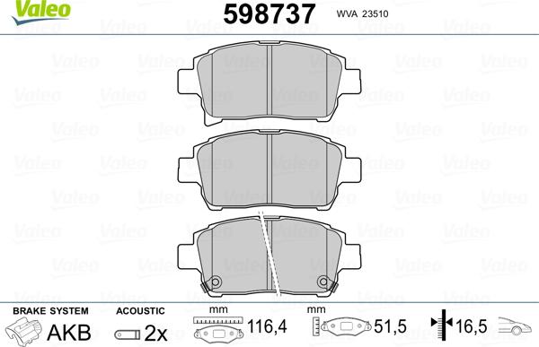 Valeo 598737 - Тормозные колодки, дисковые, комплект autosila-amz.com