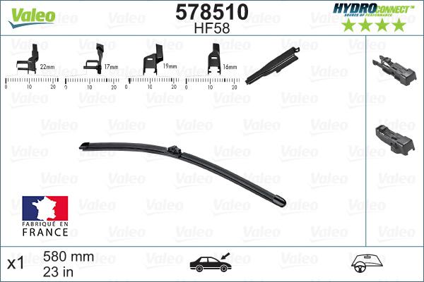 Valeo 578510 - Щетка стеклоочистителя БЕСКАРКАСНАЯ 580мм HydroConnect Front (мультиадаптеры A,B autosila-amz.com