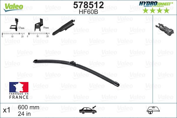 Valeo 578512 - ЩЕТКА СТЕКЛООЧИСТИТЕЛЯ 600ММ БЕСКАРКАСНАЯ HYDROCONNECT FRONT B VALEO 578512 autosila-amz.com