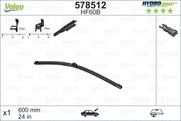 Valeo 578512 - ЩЕТКА СТЕКЛООЧИСТИТЕЛЯ 600ММ БЕСКАРКАСНАЯ HYDROCONNECT FRONT B VALEO 578512 autosila-amz.com