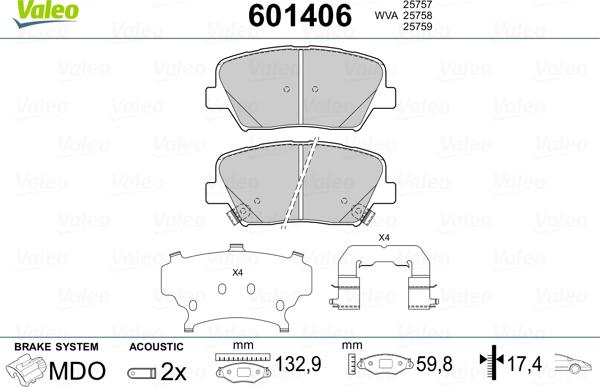 Valeo 601406 - Тормозные колодки, дисковые, комплект autosila-amz.com