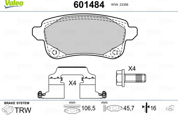 Valeo 601484 - Тормозные колодки, дисковые, комплект autosila-amz.com