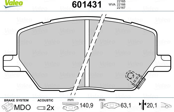 Valeo 601431 - Тормозные колодки, дисковые, комплект autosila-amz.com