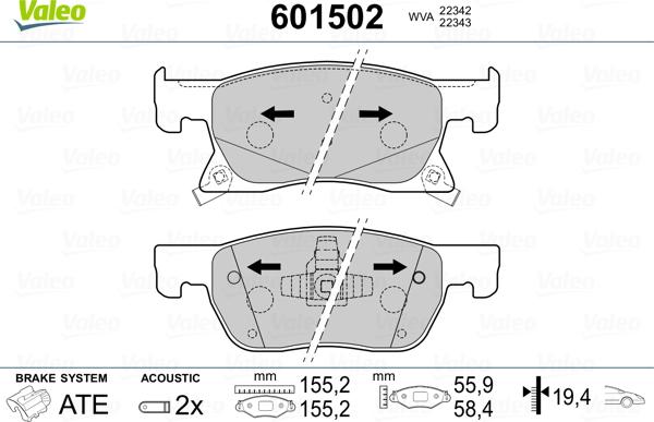 Valeo 601502 - Тормозные колодки, дисковые, комплект autosila-amz.com