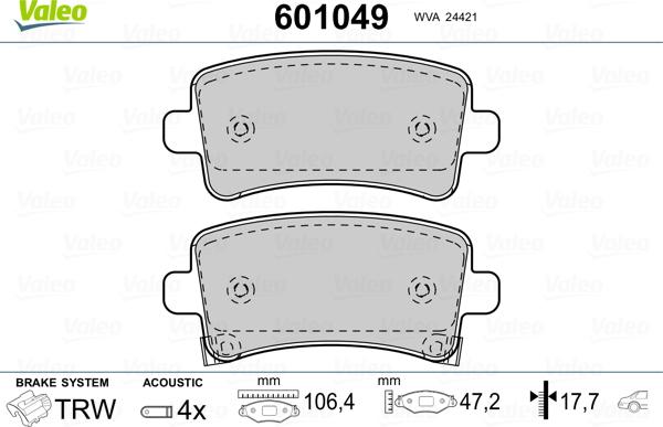 Valeo 601049 - Тормозные колодки, дисковые, комплект autosila-amz.com