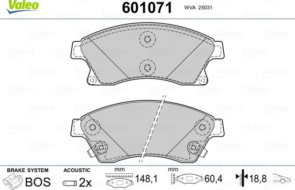 Valeo 601071 - Тормозные колодки, дисковые, комплект autosila-amz.com