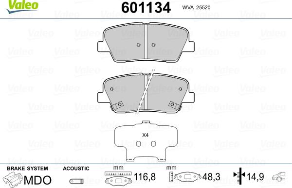 Valeo 601134 - Тормозные колодки, дисковые, комплект autosila-amz.com