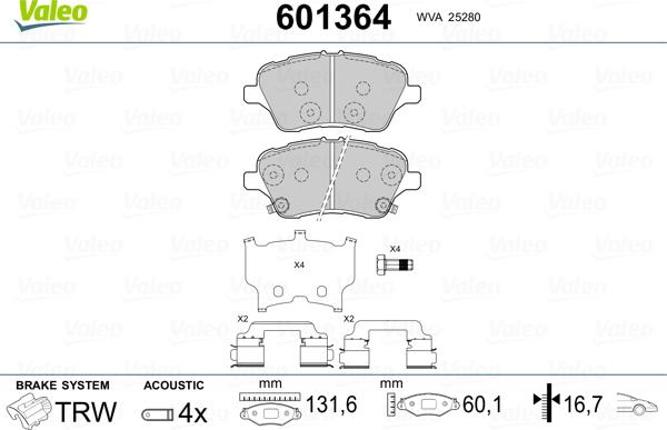 Valeo 601364 - Тормозные колодки, дисковые, комплект autosila-amz.com