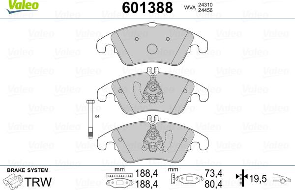 Valeo 601388 - Тормозные колодки, дисковые, комплект autosila-amz.com