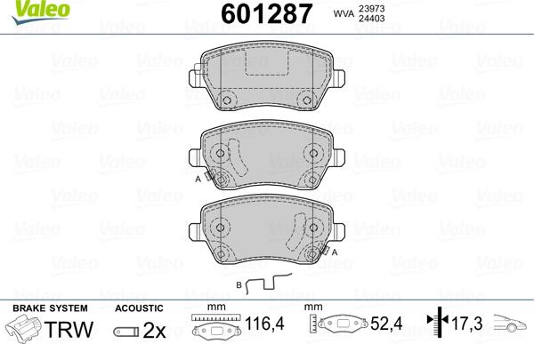 Valeo 601287 - Тормозные колодки, дисковые, комплект autosila-amz.com